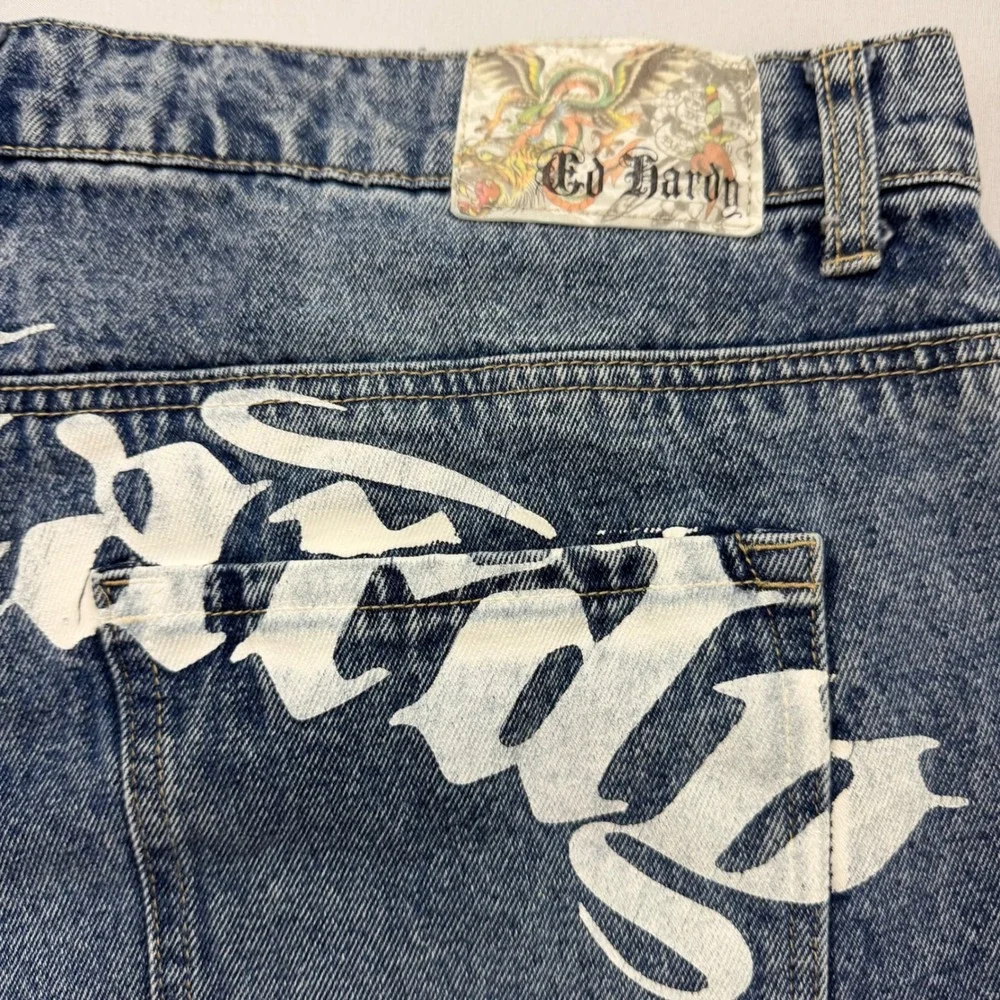Ed Hardy Jean Shorts Mens 38 Blue Embroidered Dragon Logo Raw Hem MEHD8003-2